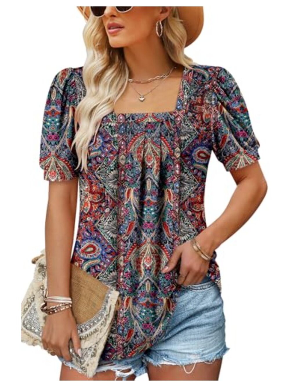 Women's Pleated Ruffle Tunic Top Square Neck Short Sleeve Loose Fit
